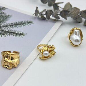 Gold and Pearl Statement Rings – Set of 3